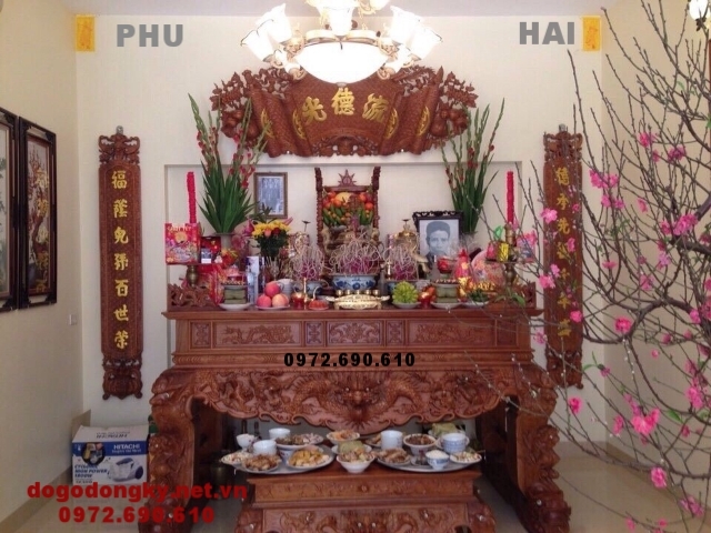 Sập thờ gỗ gụ đục tứ linh chân nghê ST80