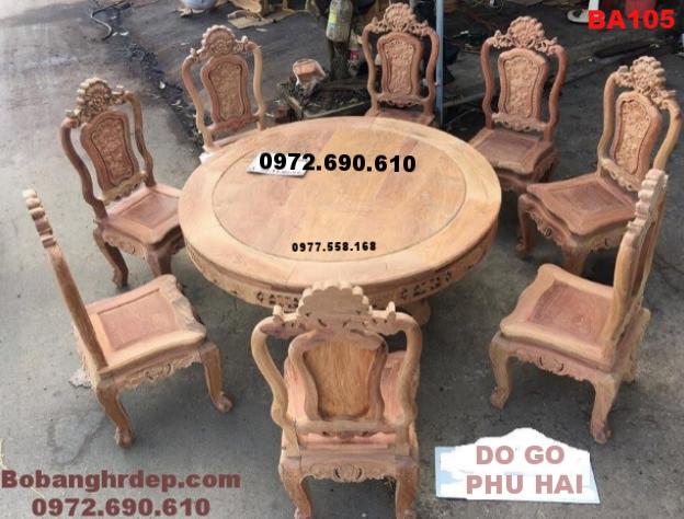 Bộ Bàn Ghế Ăn, Bàn Tròn 8 Ghế Gỗ Hương BA105