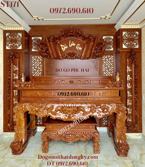 Bàn Thờ Gỗ Gụ Đẹp Mẫu Tứ Linh Chân Nghê ST171