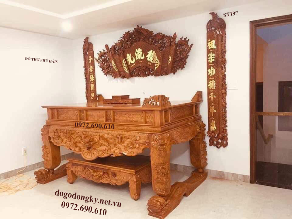 Mẫu Bàn Thờ Tứ Linh Đục Chạm Đẹp Chân Nghê ST197