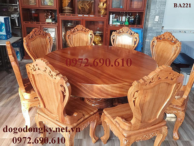 Bộ Bàn Ăn Bàn Tròn Gỗ Nguyên Khối 8 Ghế BA221