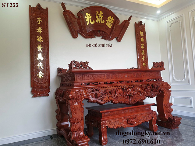 Bàn Thờ Gỗ Hương Đá – Thờ Gia Tiên Chạm Tứ Linh ST233